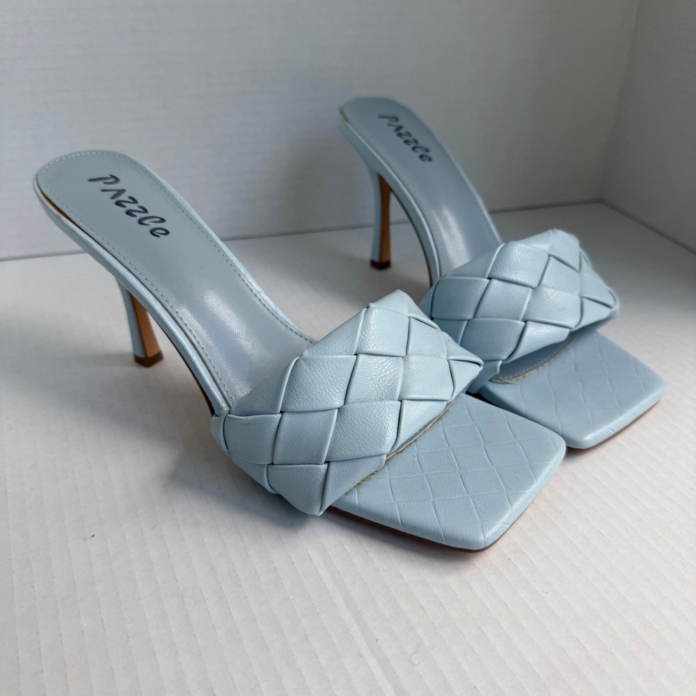 Pazzle Woven Slide Sandals Womens 9 Light Blue Good Braided Square Toe Heels